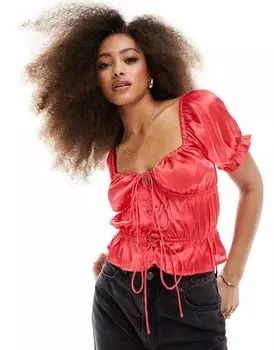 Красный атласный топ с объемными рукавами ASOS DESIGN