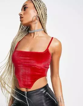 Красный бархатный топ на бретелях с корсетным швом и квадратным вырезом ASYOU