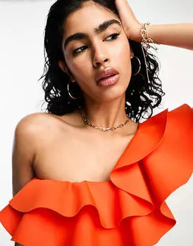 Красный бикини-топ на одно плечо с оборками River Island