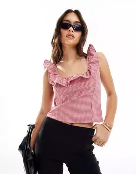 Красный клетчатый топ с квадратным вырезом и оборками ASOS