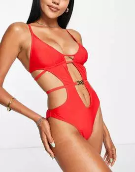 Красный купальник с глубоким вырезом и отделкой ASOS DESIGN