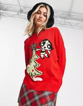 Красный рождественский джемпер с узором Powerpuff ASOS DESIGN