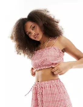 Красный топ-бандо в клетку ASOS DESIGN с шнурками в тон