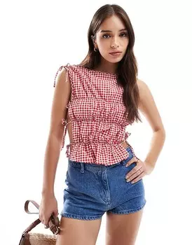 Красный топ без рукавов в клетку со сборками по бокам ASOS DESIGN