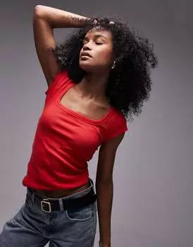 Красный топ с квадратным вырезом и рукавами в рубчик Topshop