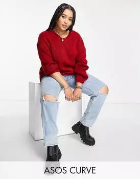 Красный удлиненный джемпер с V-образным вырезом ASOS DESIGN Curve из ворсованной пряжи