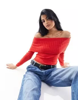 Красный укороченный джемпер тонкой вязки с открытыми плечами из хлопка Cotton:On