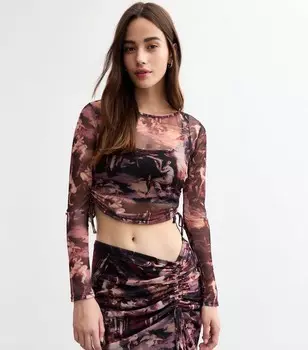 Красный Укороченный топ с длинными рукавами и сборками в сеточку Cherub New Look, мультиколор