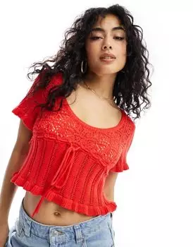Красный вязаный топ доярки с открытой строчкой и завязкой на талии ASOS DESIGN