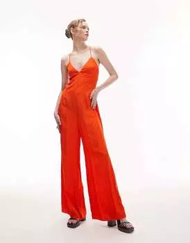 Красный жаккардовый комбинезон на бретельках Topshop