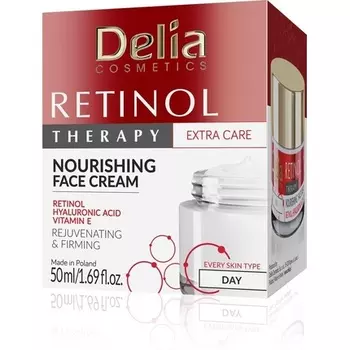 Крем для лица Delia Cosmetics Retinol Therapy для любого типа кожи, укрепляющий и питательный с гиалуроновой кислотой и ретинолом 50мл