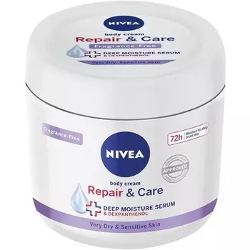 Крем для восстановления и ухода за телом NIVEA Body Repair & Care Cream 400 мл в баночке Чувствительный увлажняющий крем с сывороткой NIVEA Deep Moisture Serum укрепляющая формула для сухой кожи