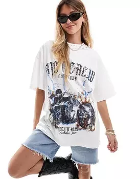 Кремовая футболка бойфренда ASOS DESIGN – с графическим принтом в стиле мотоциклетного рока на спине
