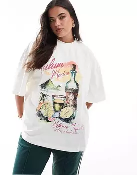 Кремовая футболка Tulum с принтом текилы ASOS DESIGN Curve бойфренд