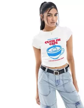Кремовая мини-футболка в рубчик с графическим рисунком ASOS DESIGN 'Cutie Pie Cafe'