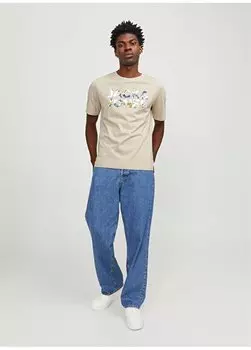 Кремовая мужская футболка с круглым воротником JJEJEFF CORP LOGO TEE SS O-NECK SN Jack & Jones, кремовый