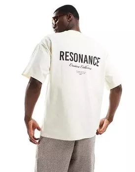 Кремовая объемная футболка оверсайз с текстовым принтом на спине Selected Homme