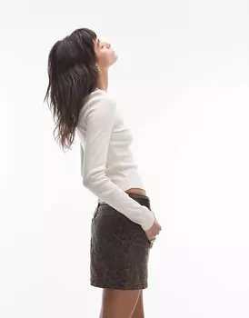 Кремовая повседневная рубашка в рубчик с длинными рукавами и изогнутым краем Topshop