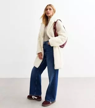 Кремовая шуба из искусственного меха New Look, кремовый