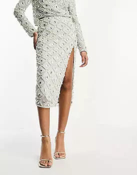 Кремовая юбка миди с разрезами и пайетками и жемчугом ASOS DESIGN