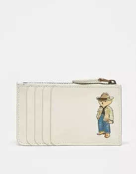 Кремово-белая кожаная визитница Polo Ralph Lauren – с логотипом ковбойского медведя