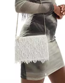 Кремово-белый клатч True Decadence с бахромой и цепочкой через плечо