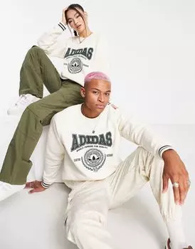 Кремово-белый свитшот унисекс с крупным логотипом adidas Preppy Varsity