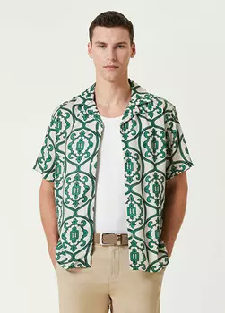 Кремово-Зеленая рубашка с логотипом и орнаментом Les Deux, зеленый