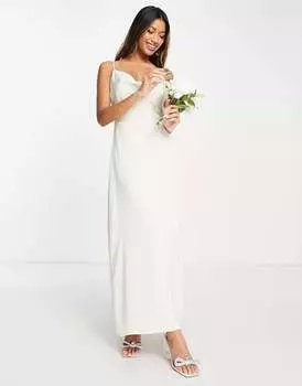 Кремовое атласное платье макси с воротником-хомутом Vila Bridal