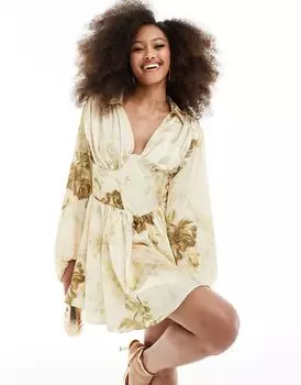 Кремовое атласное платье-рубашка мини с корсетом на талии ASOS DESIGN