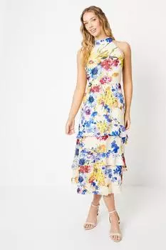 Кремовое атласное жаккардовое платье миди с вырезом халтер и цветочным принтом Oasis, белый