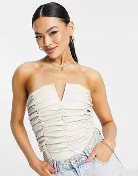 Кремовое боди из искусственной кожи со сборками ASOS DESIGN