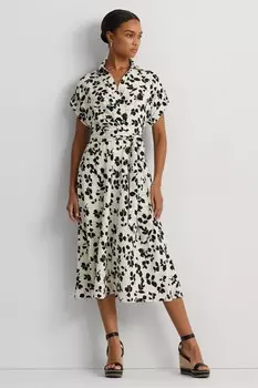 Кремовое креповое платье с поясом и принтом в виде листьев Fratillo Lauren Ralph Lauren, бежевый