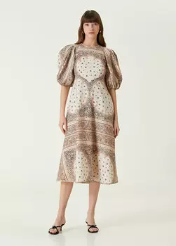 Кремовое льняное платье миди с "огурцами" Zimmermann