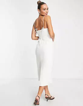 Кремовое льняное платье миди с корсетом Mango