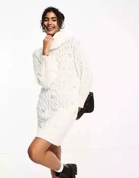 Кремовое мини-платье косой вязки River Island с жемчужной отделкой