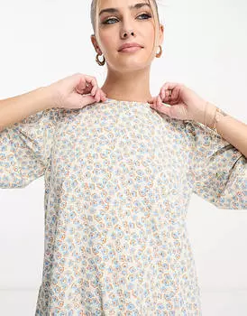 Кремовое мини-платье с завязками на спине и цветочным принтом