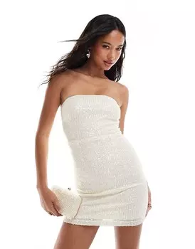 Кремовое платье-бандо с пайетками New Look