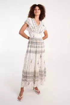 Кремовое платье макси из металлизированного волокна с оборками и V-образным вырезом Blue Vanilla, белый