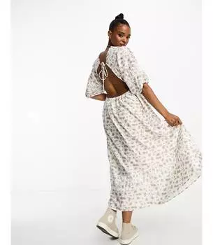 Кремовое платье миди с цветочным принтом и открытой спиной Vero Moda