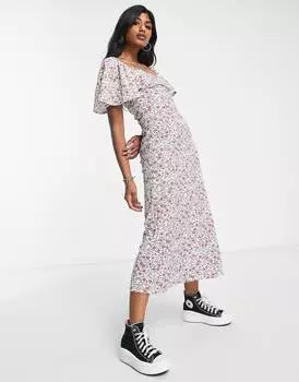 Кремовое платье миди с мятыми рукавами и завязками ASOS DESIGN с розовым цветочным принтом ASOS DESIGN