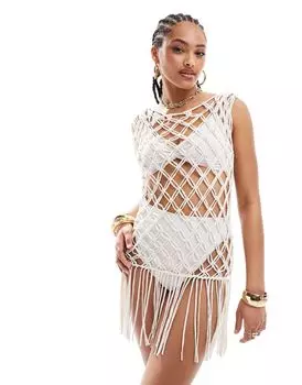 Кремовое пляжное мини-платье с бахромой и макраме Miss Selfridge