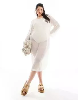 Кремовое пляжное платье миди ажурной вязки с расклешенными рукавами PIECES Curve