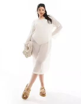 Кремовое пляжное платье миди открытой вязки с рукавами-колокольчиками Pieces Curve Pieces Plus