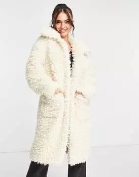 Кремовое пушистое макси-пальто Miss Selfridge