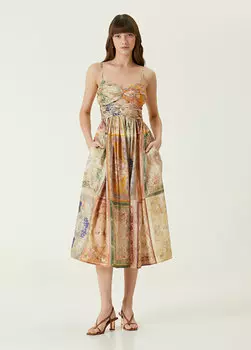 Кремовое шелковое платье миди с цветочным принтом в стиле пэчворк Zimmermann