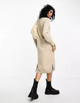 Кремовое трикотажное платье миди с высоким воротником Vila