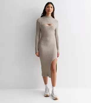 Кремовое трикотажное платье миди в рубчик с вырезами Gini London Gini London, кремовый