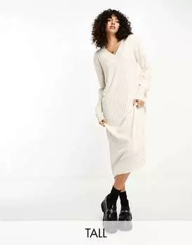 Кремовое вязаное платье макси с v-образным вырезом Only Tall
