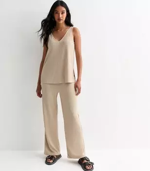 Кремовые трикотажные брюки в рубчик New Look, кремовый